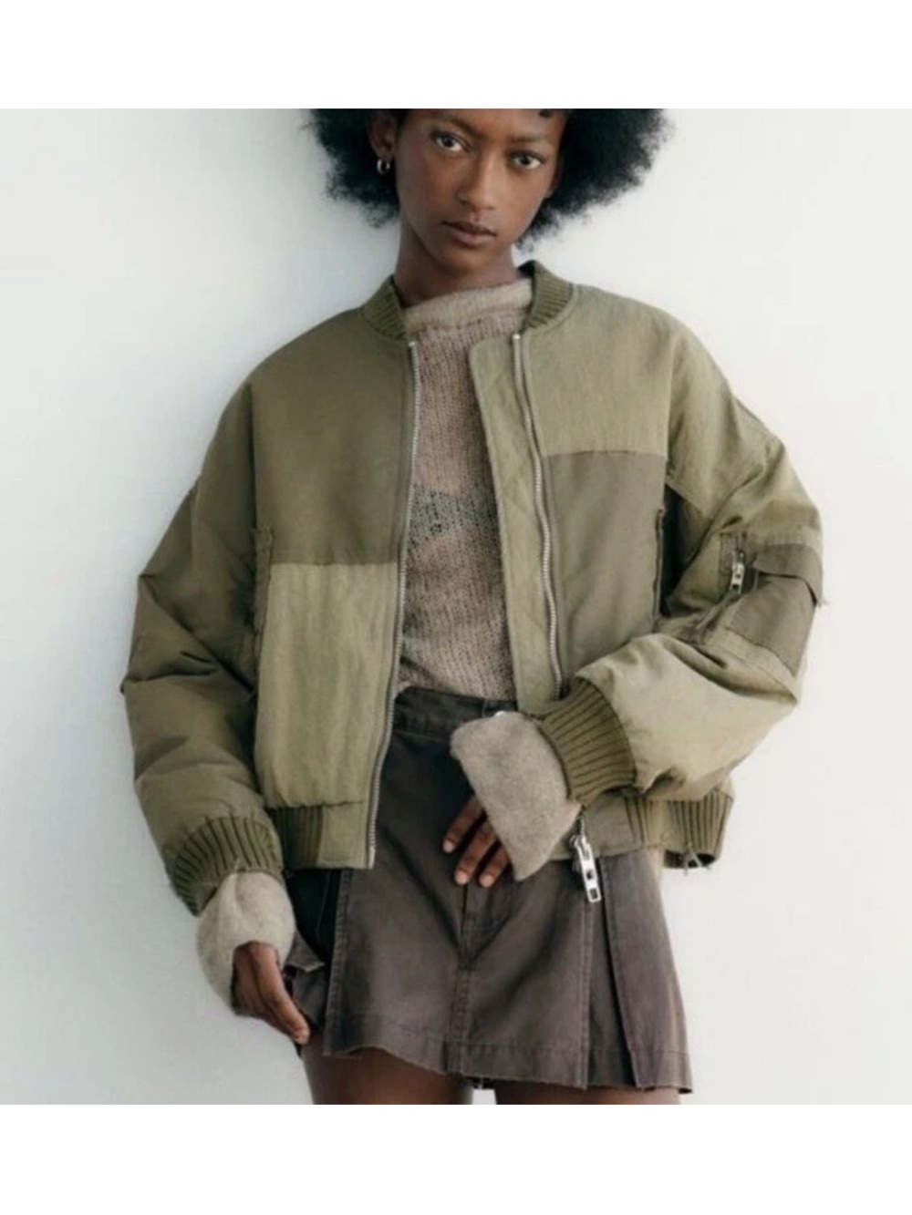ZARA Women’s Waterproof Patchwork Bomber Jacket Sz Small Olive Green Grunge